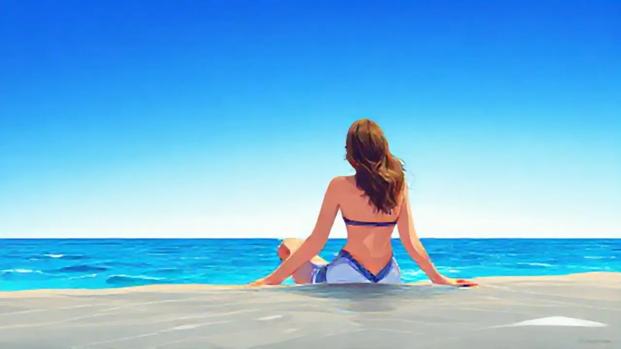 Mujer junto al mar bajo el cielo azul