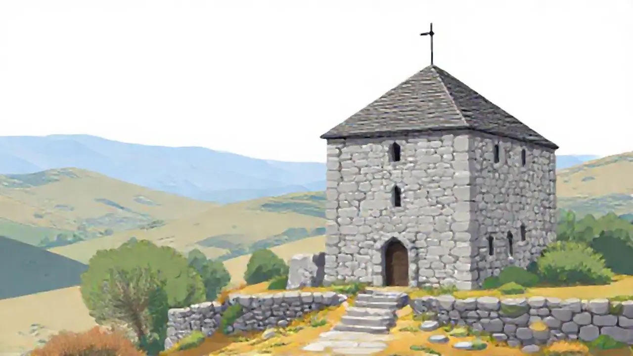 Edificio de piedra gris y montañas lejanas