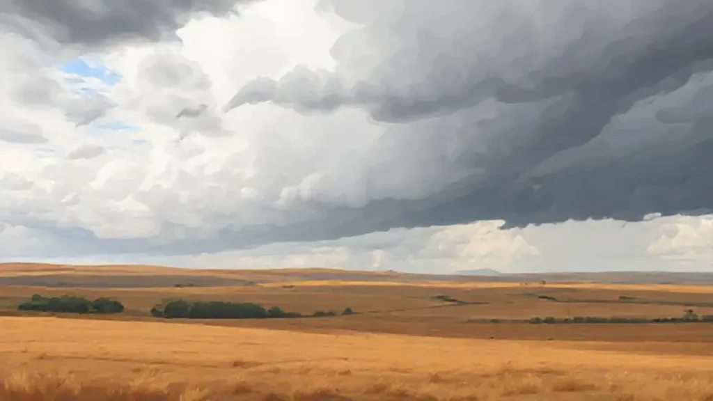 Nubes grises cubren un campo extenso