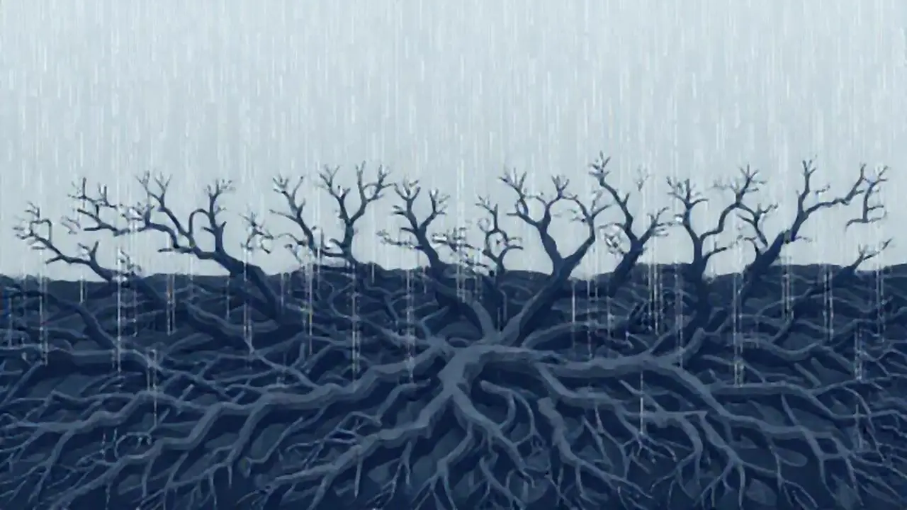 Lluvia gris sobre raíces enredadas