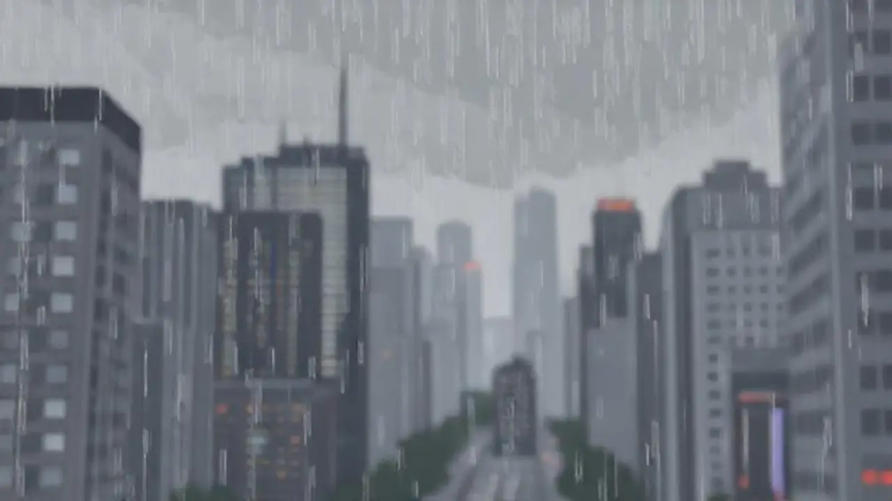 Ciudad gris borrosa por la lluvia