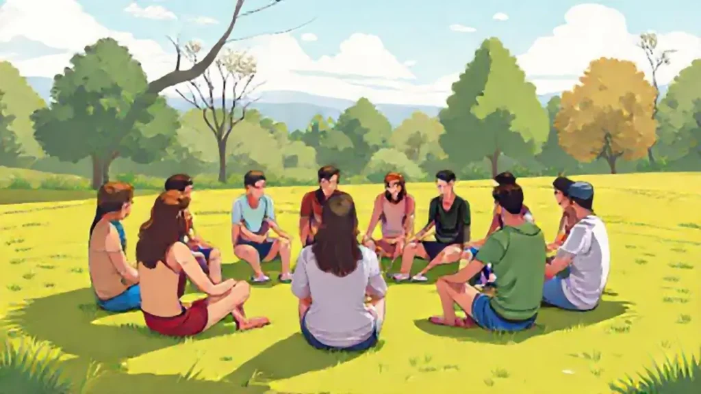 Un grupo se sienta en círculo al aire libre