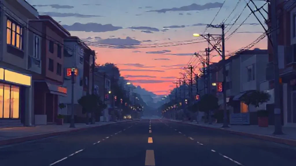 Calle vacía al atardecer