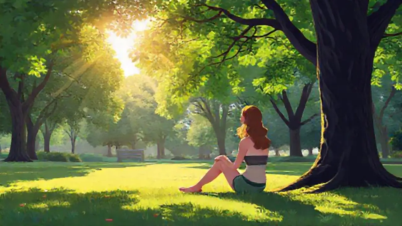 Mujer en el parque, luz entre las hojas