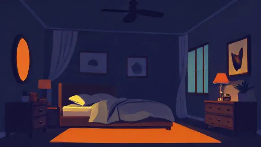 Dormitorio oscuro con un cálido resplandor