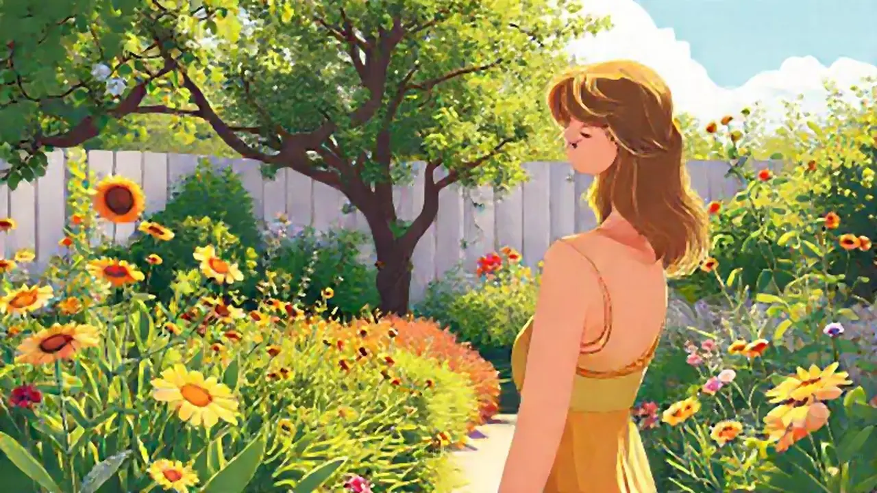 Mujer pálida en jardín soleado