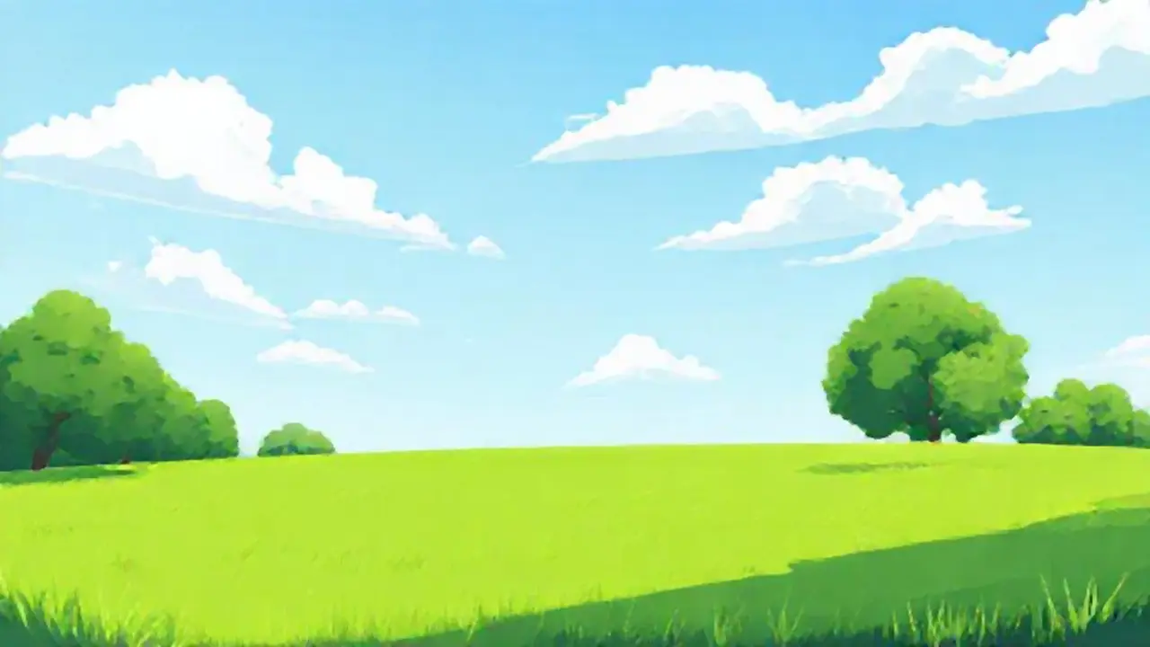 Cielo azul sobre campo verde