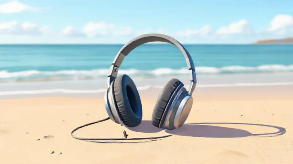 Auriculares grises en la playa tranquila