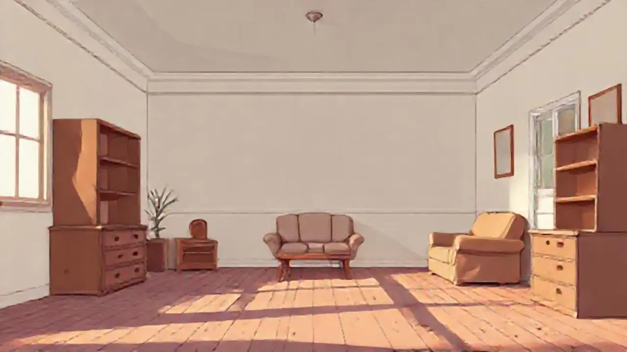 Habitación vacía y muebles descoloridos