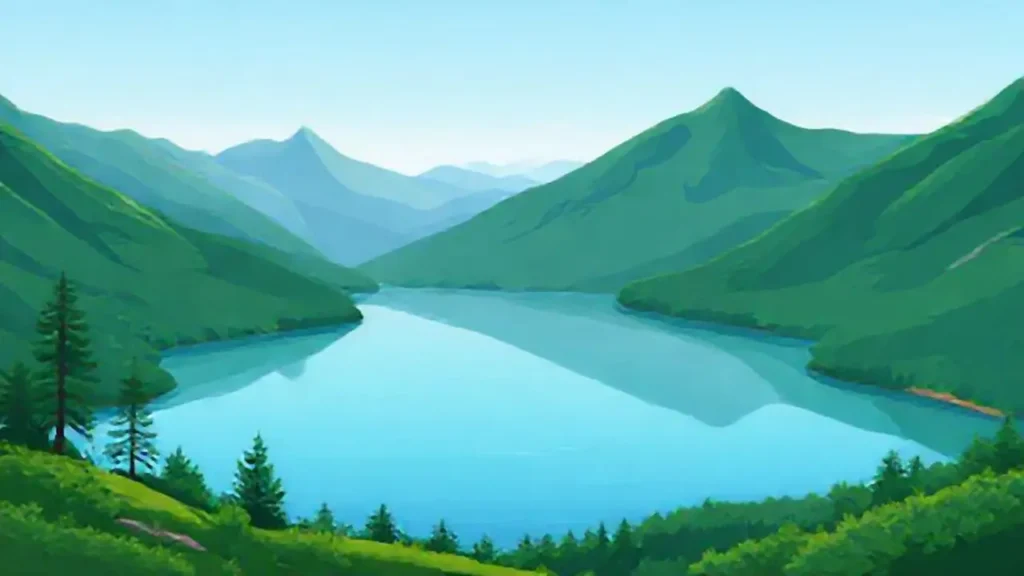 Montañas verdes y lago azul