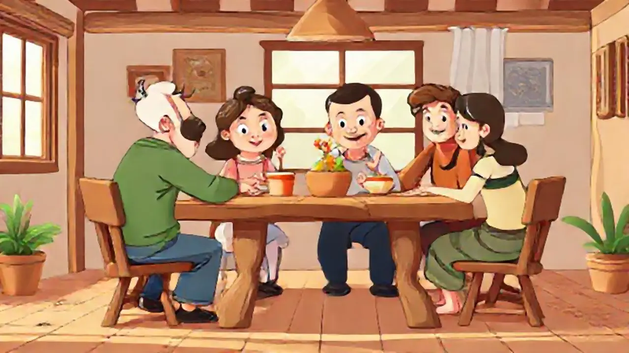 Familia reunida alrededor de una mesa de madera