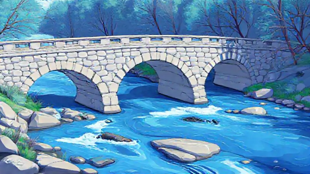 Río azul con puente de piedra