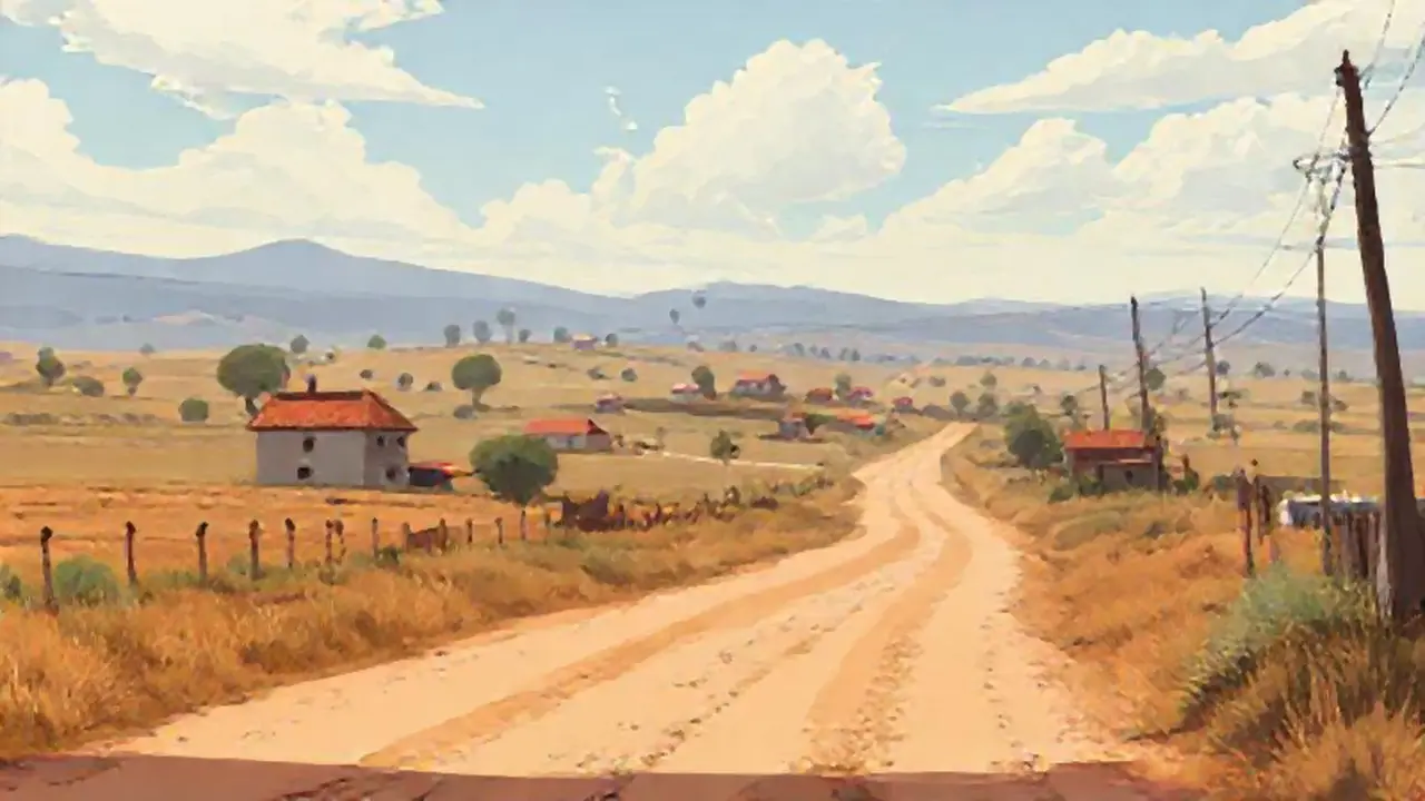 Carretera polvorienta, casas lejanas