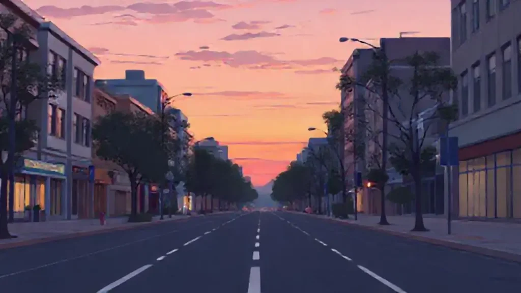 Calle vacía al anochecer