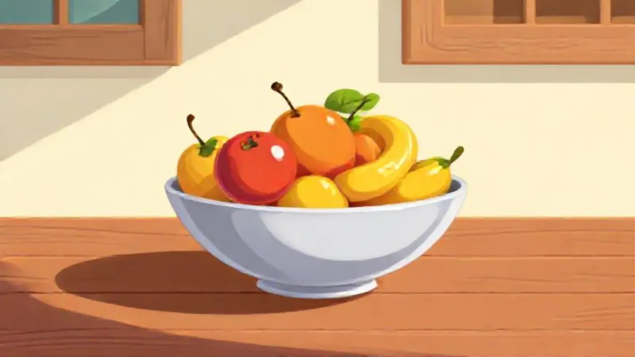 Fruta en un cuenco sobre madera