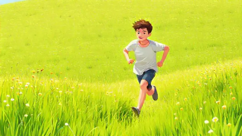 Joven corriendo en un prado verde