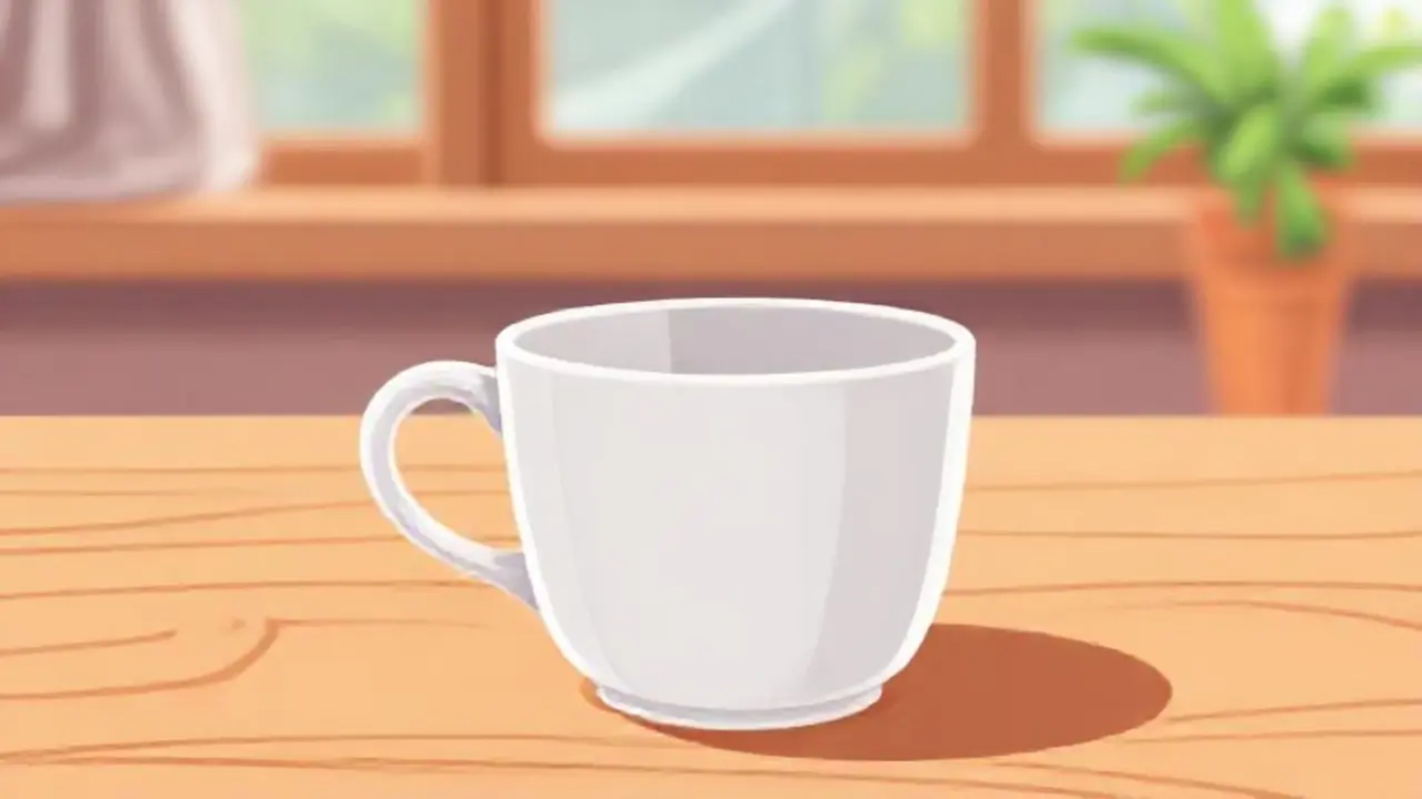 Taza blanca vacía sobre la mesa