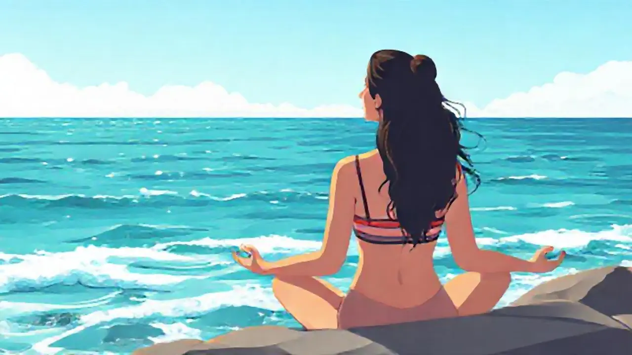 Mujer meditando en la playa