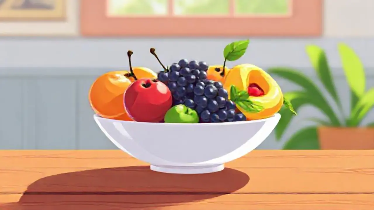 Fruta brillante sobre mesa de madera