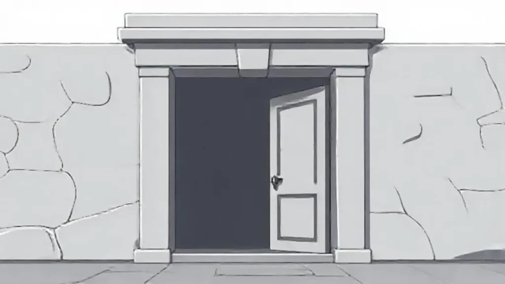 Edificio gris con puerta abierta