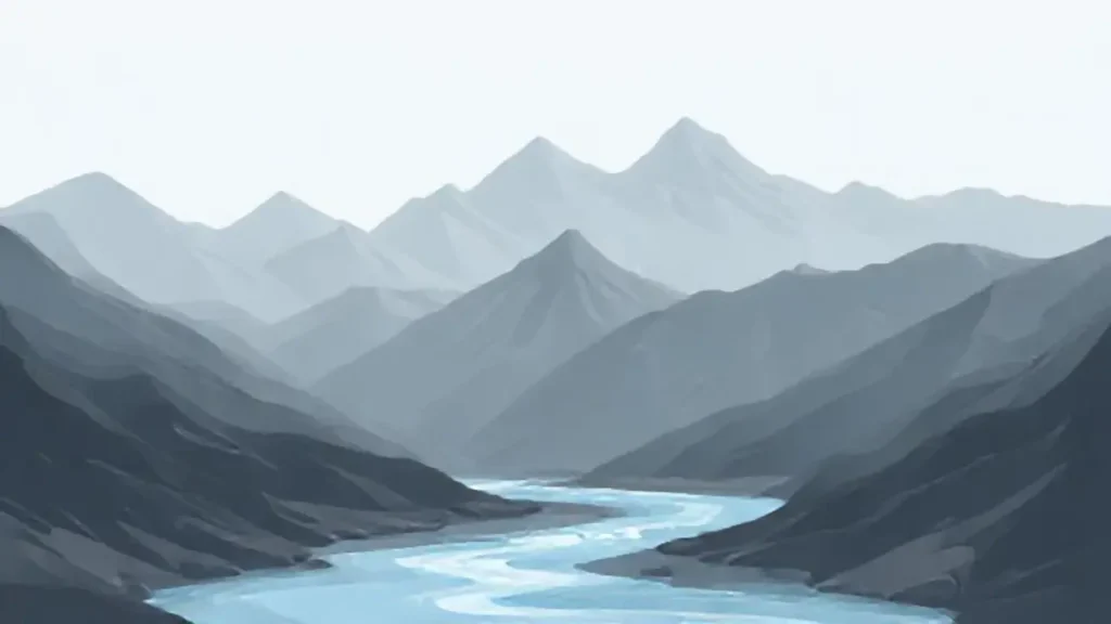 Montañas grises y río fluyendo