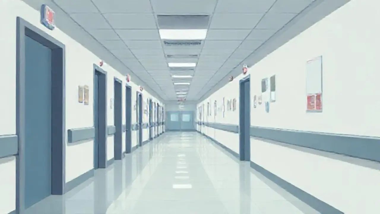 Pasillo hospitalario vacío, paredes pálidas