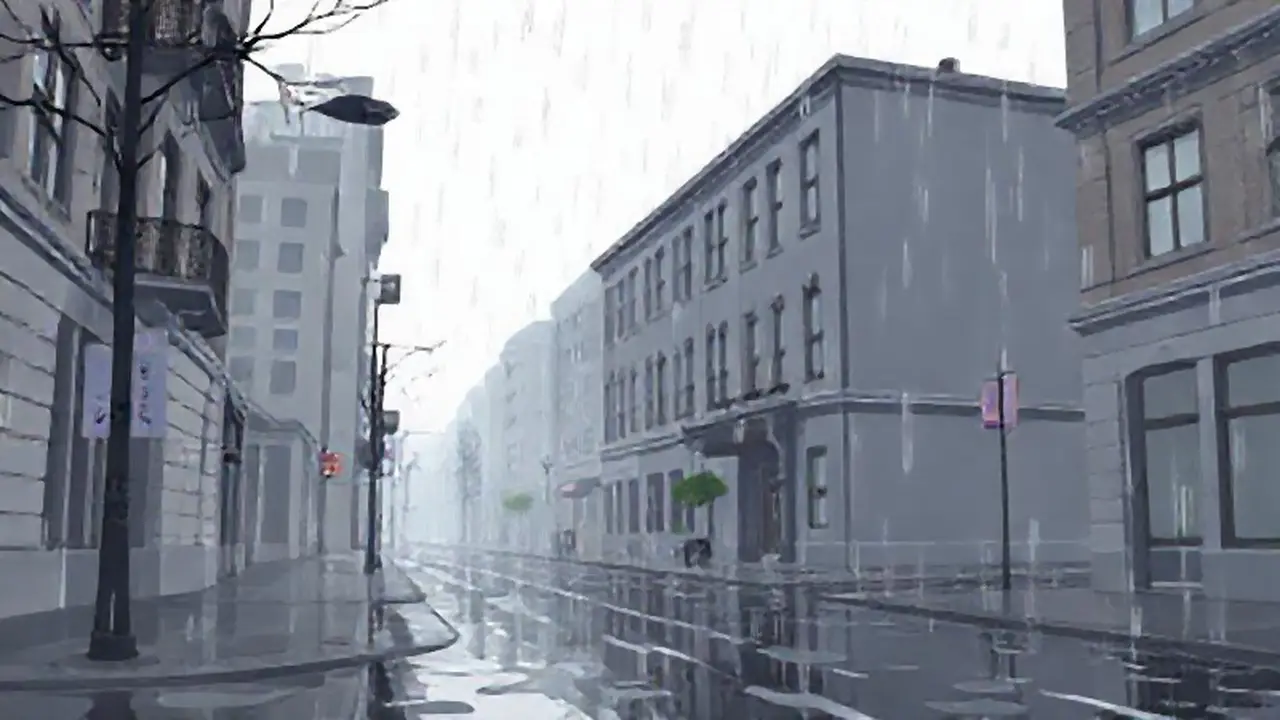 Edificio gris en calle mojada