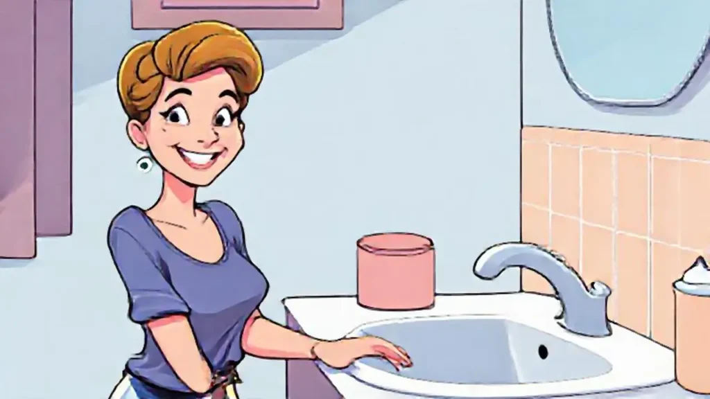 Mujer sonriente junto a un lavabo brillante