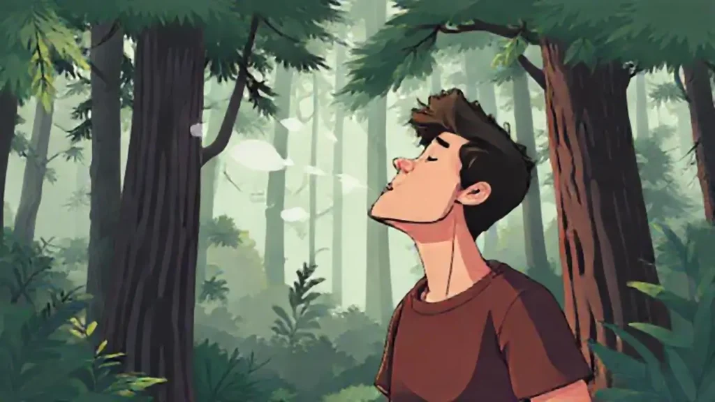 Hombre respira aire forestal