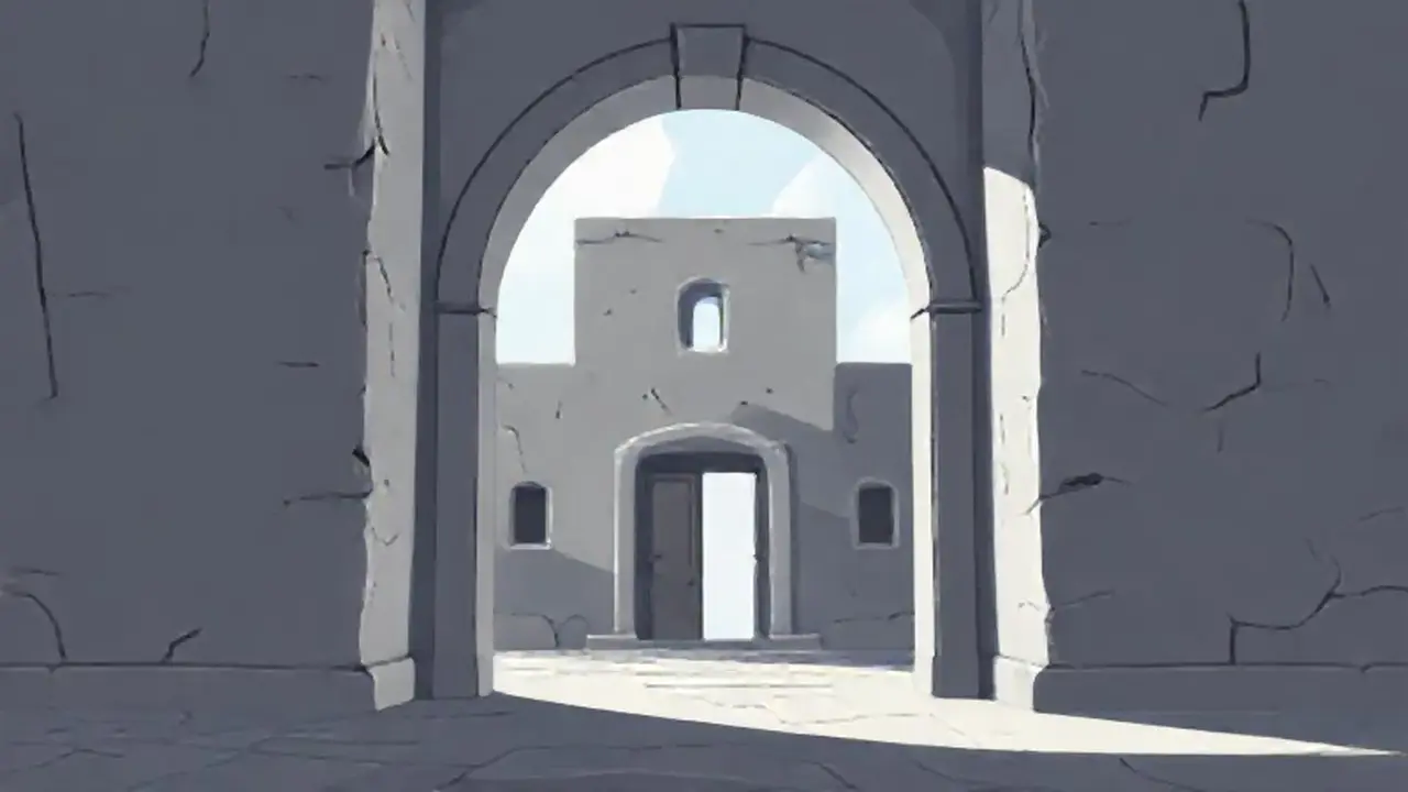 Edificio gris, puerta abierta