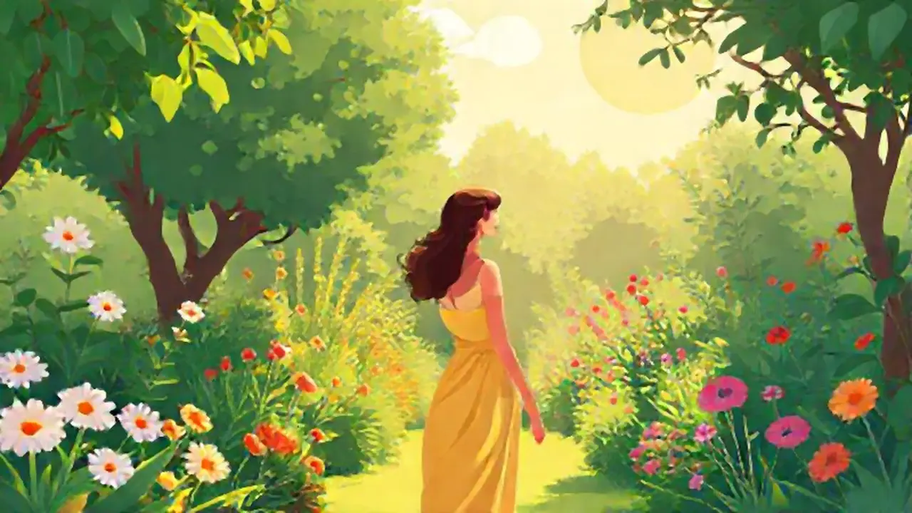 Mujer en un jardín soleado