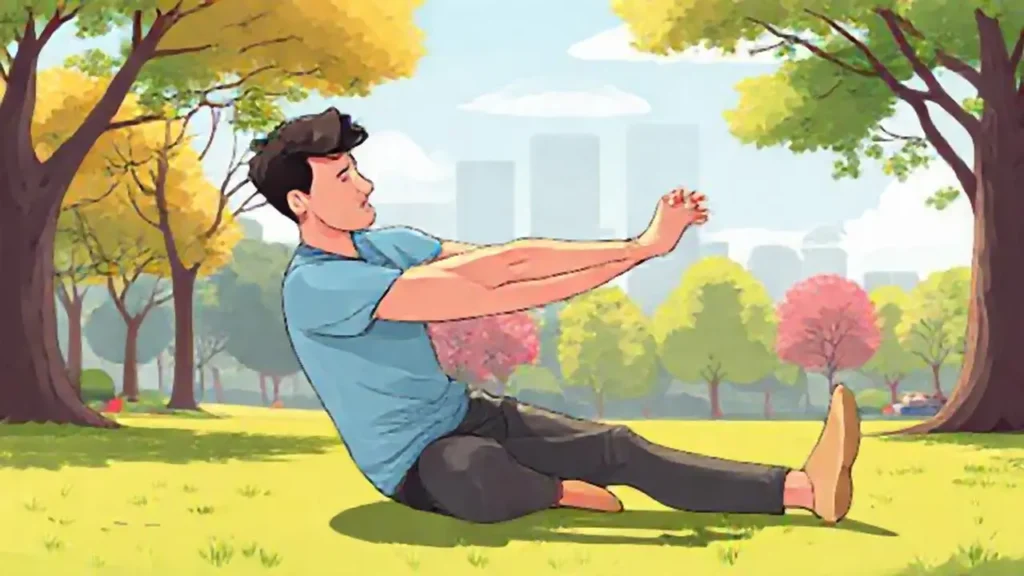 Hombre estirándose en el parque soleado