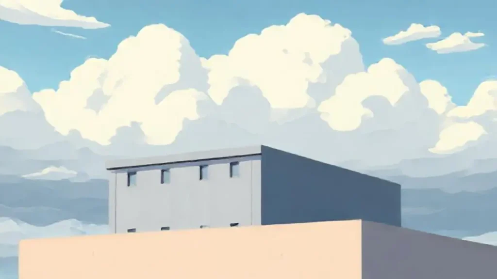 Edificio gris bajo un cielo nublado