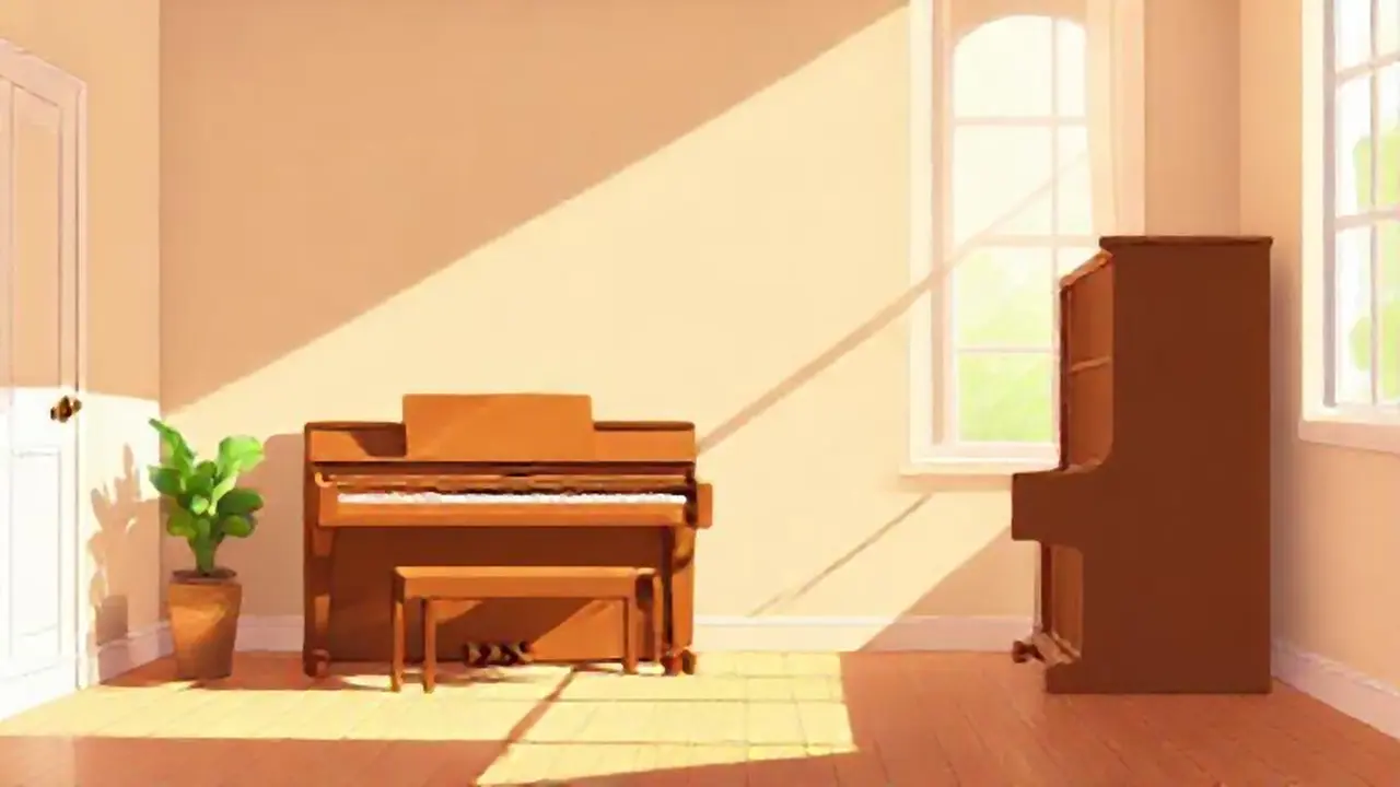Piano marrón en un salón iluminado