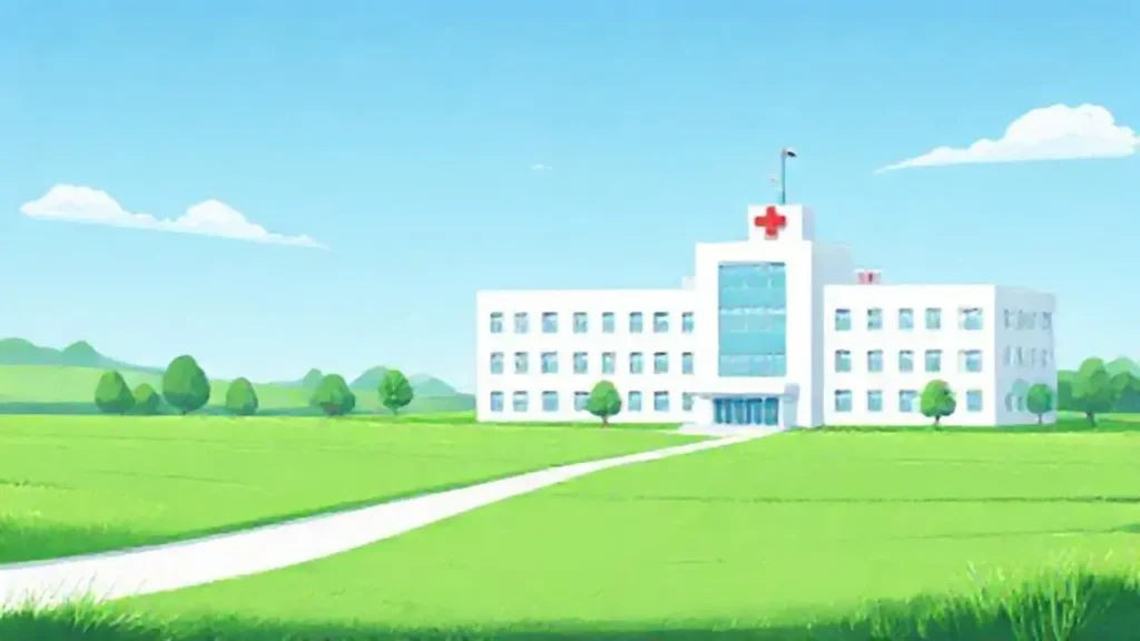 Un hospital blanco en un campo verde