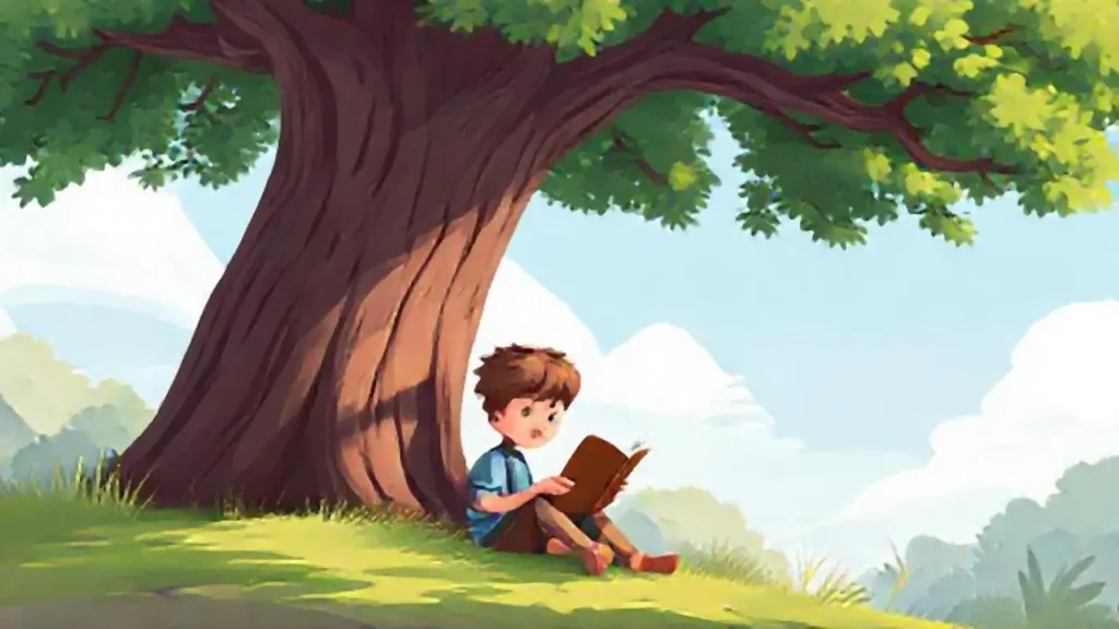 Niño lee bajo un árbol alto
