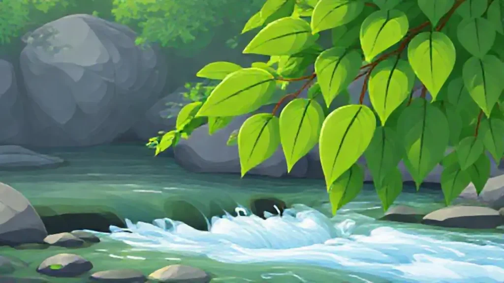 Hojas verdes junto al río