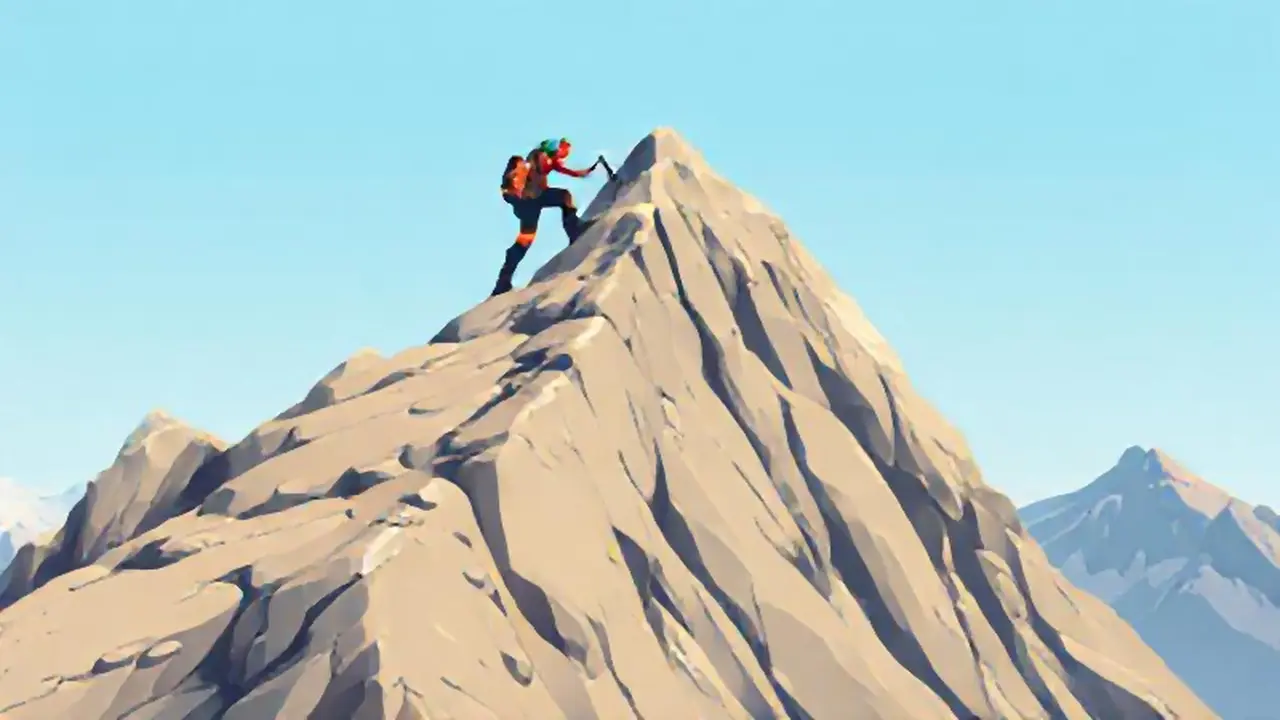 Escalador en la cima rocosa