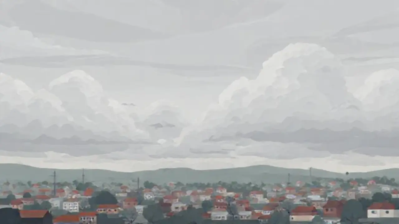 Nubes grises sobre un pueblo tranquilo