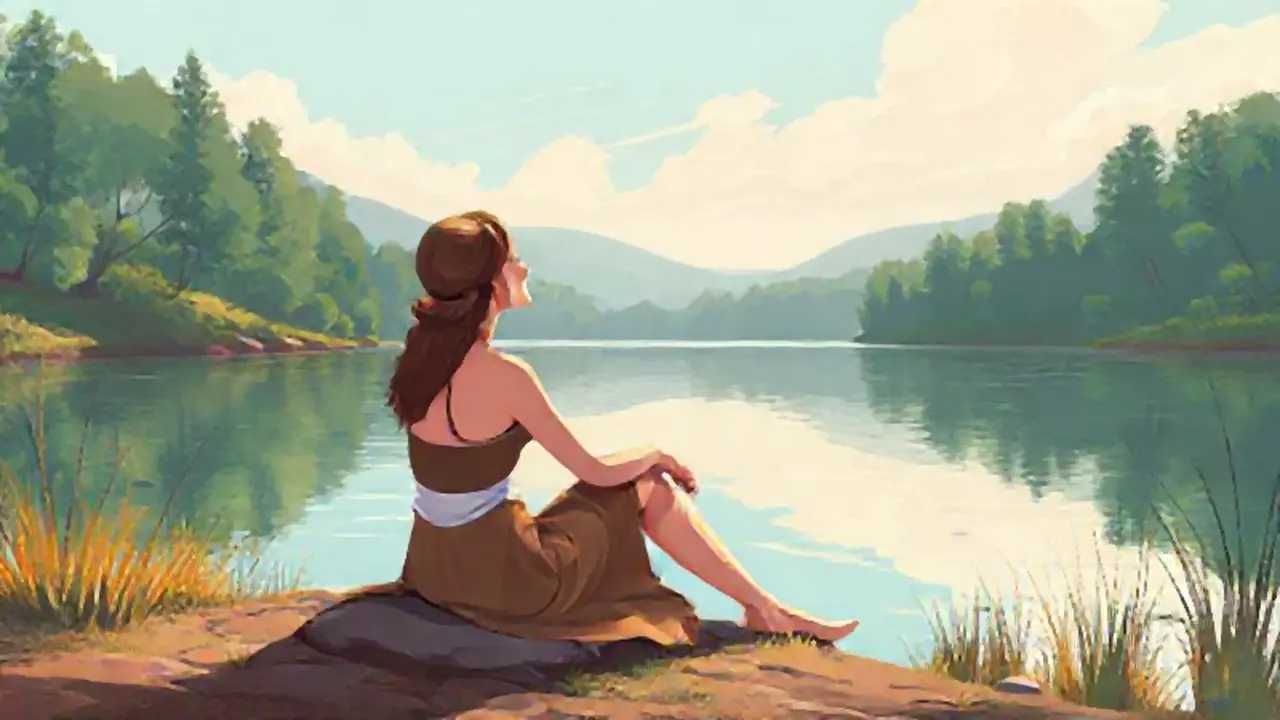 Mujer junto al río tranquilo