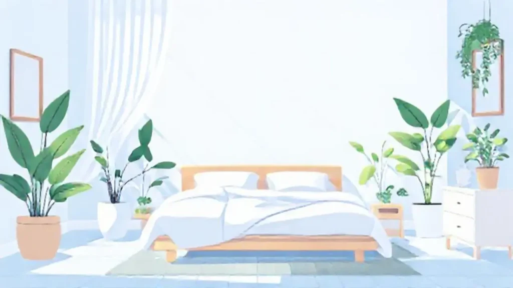 Dormitorio azul suave con plantas