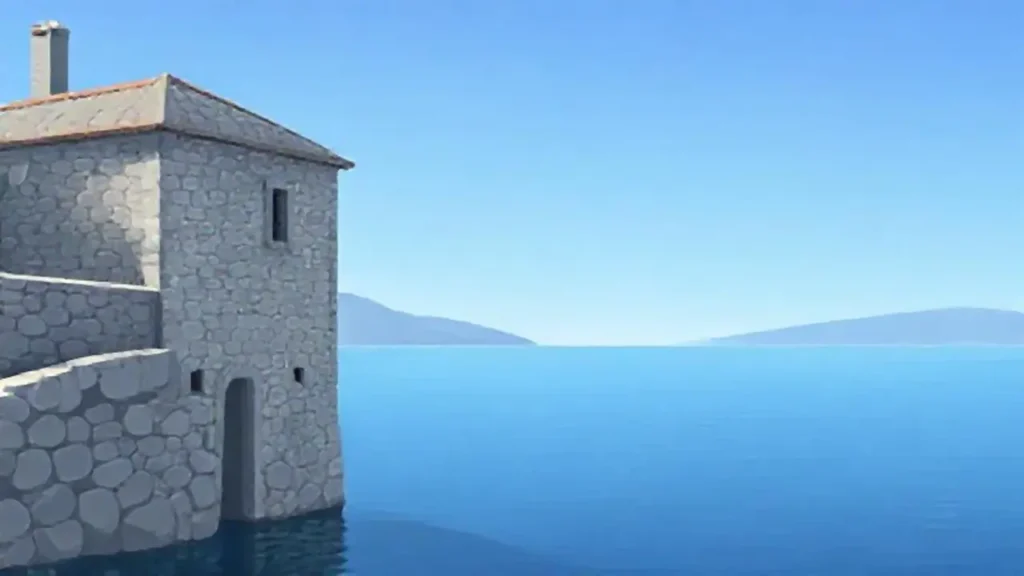 Un edificio gris domina el agua azul