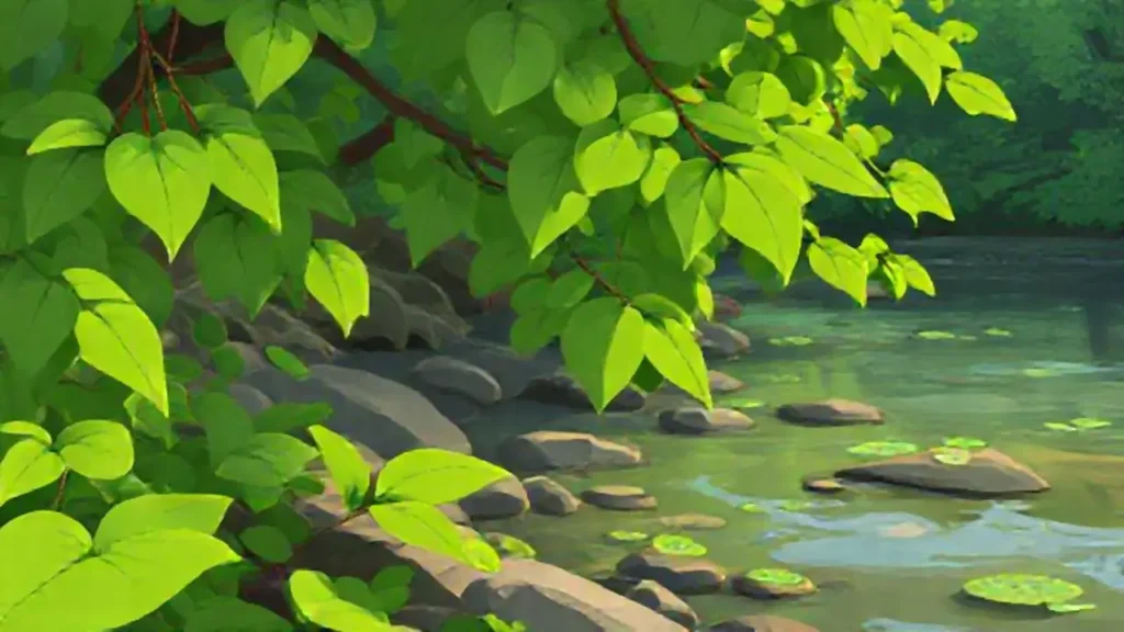 Hojas verdes junto al río