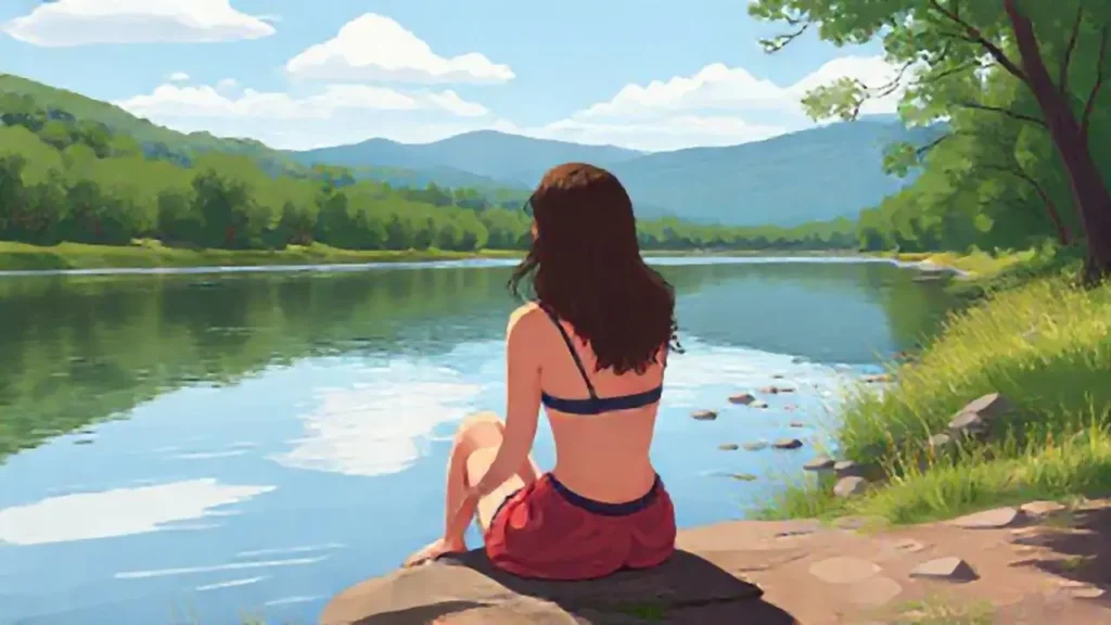 Mujer junto al río tranquilo