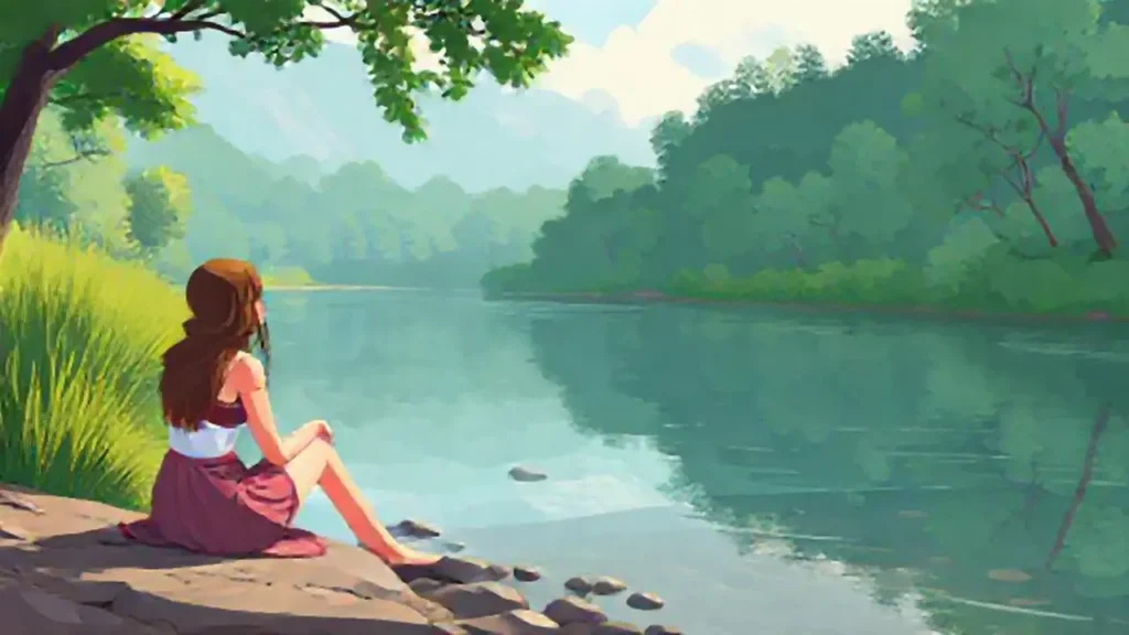 Mujer junto al río tranquilo