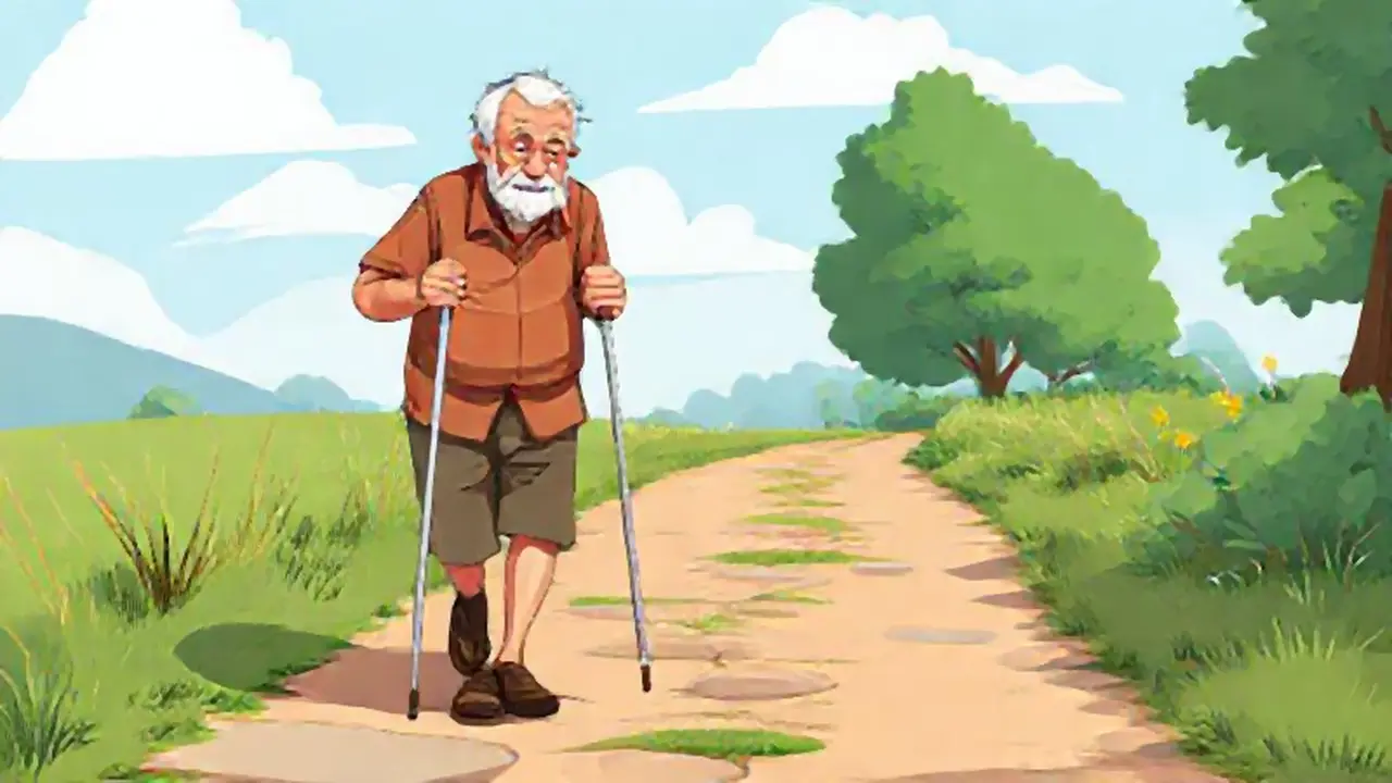 Un anciano con bastón camina por el sendero