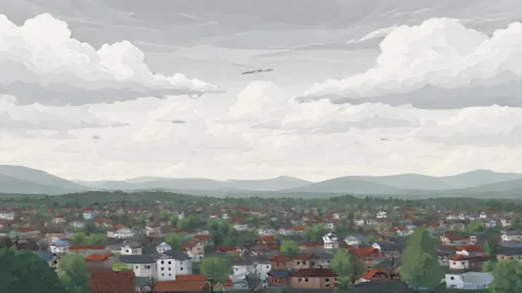 Nubes grises sobre un pueblo tranquilo