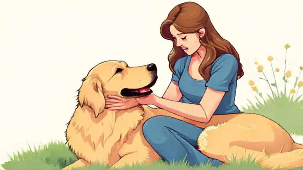 Mujer acaricia a un perro dorado