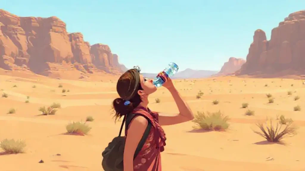 Mujer con botella de agua en el desierto