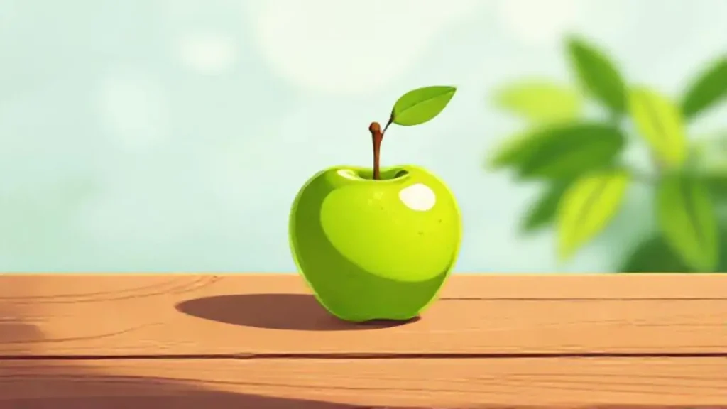 Manzana verde sobre mesa de madera